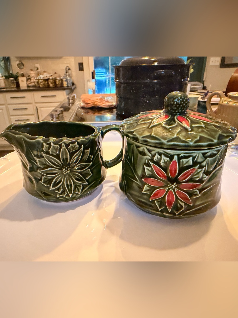 Enesco Green and Red Poinsettia Ceramic Lidded Sugar Bowl with Matching Creamer